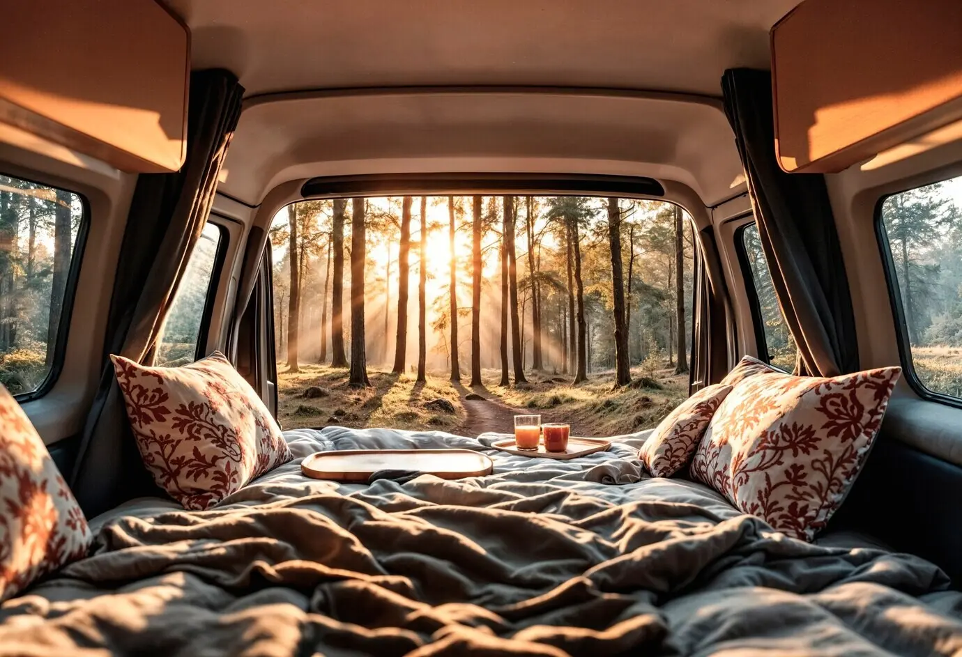 Уютный салон фургона, готовый к кемпингу.