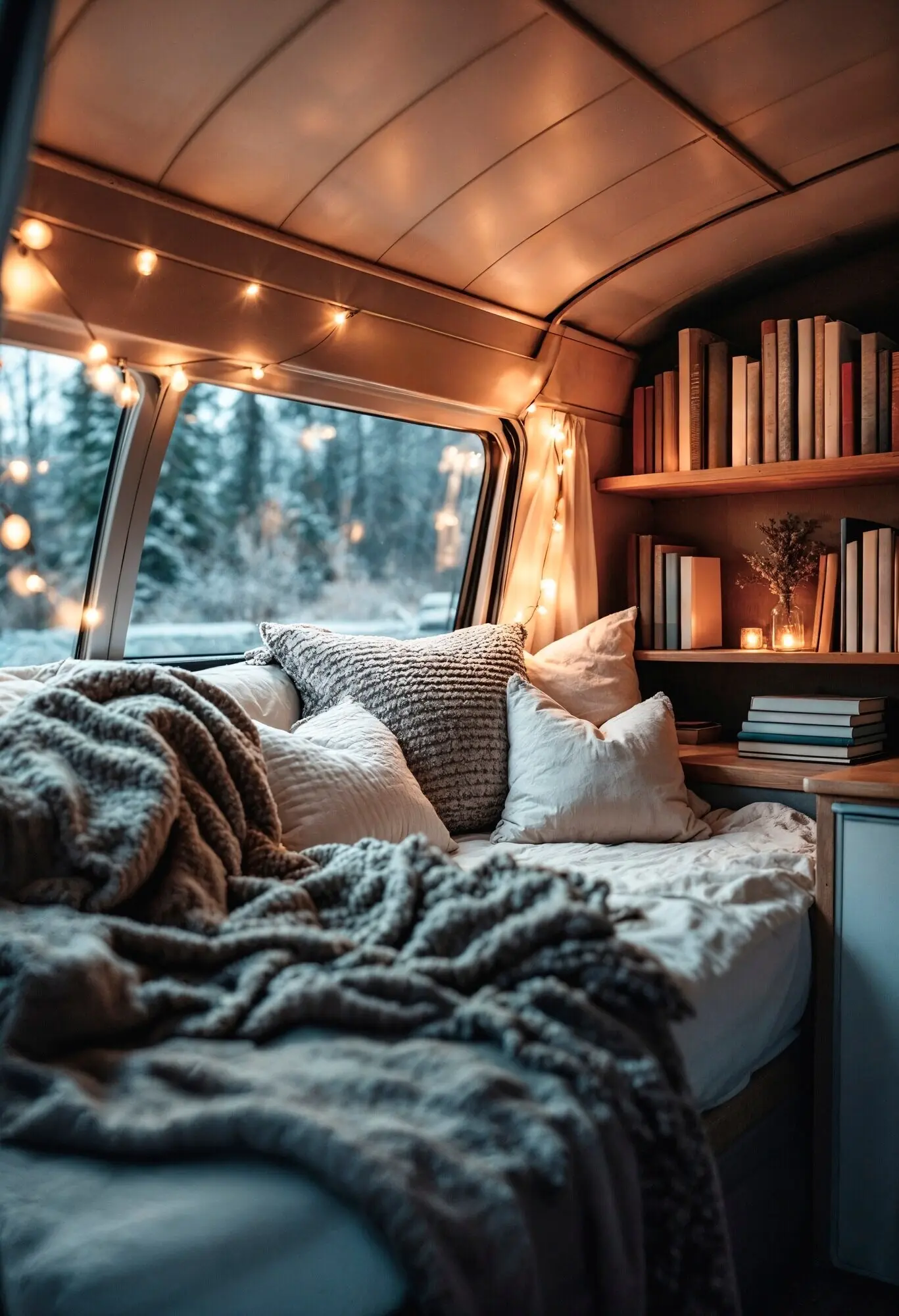 Уютный интерьер фургона, подготовленный к кемпингу