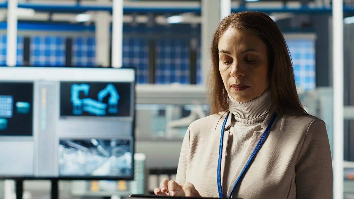 Жизнерадостный исследователь анализирует прототипы солнечных элементов с помощью планшета.